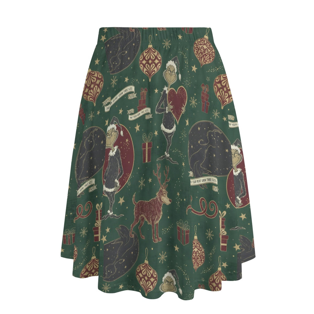 Vintage Grinch Christmas Midi Skirt with Pockets