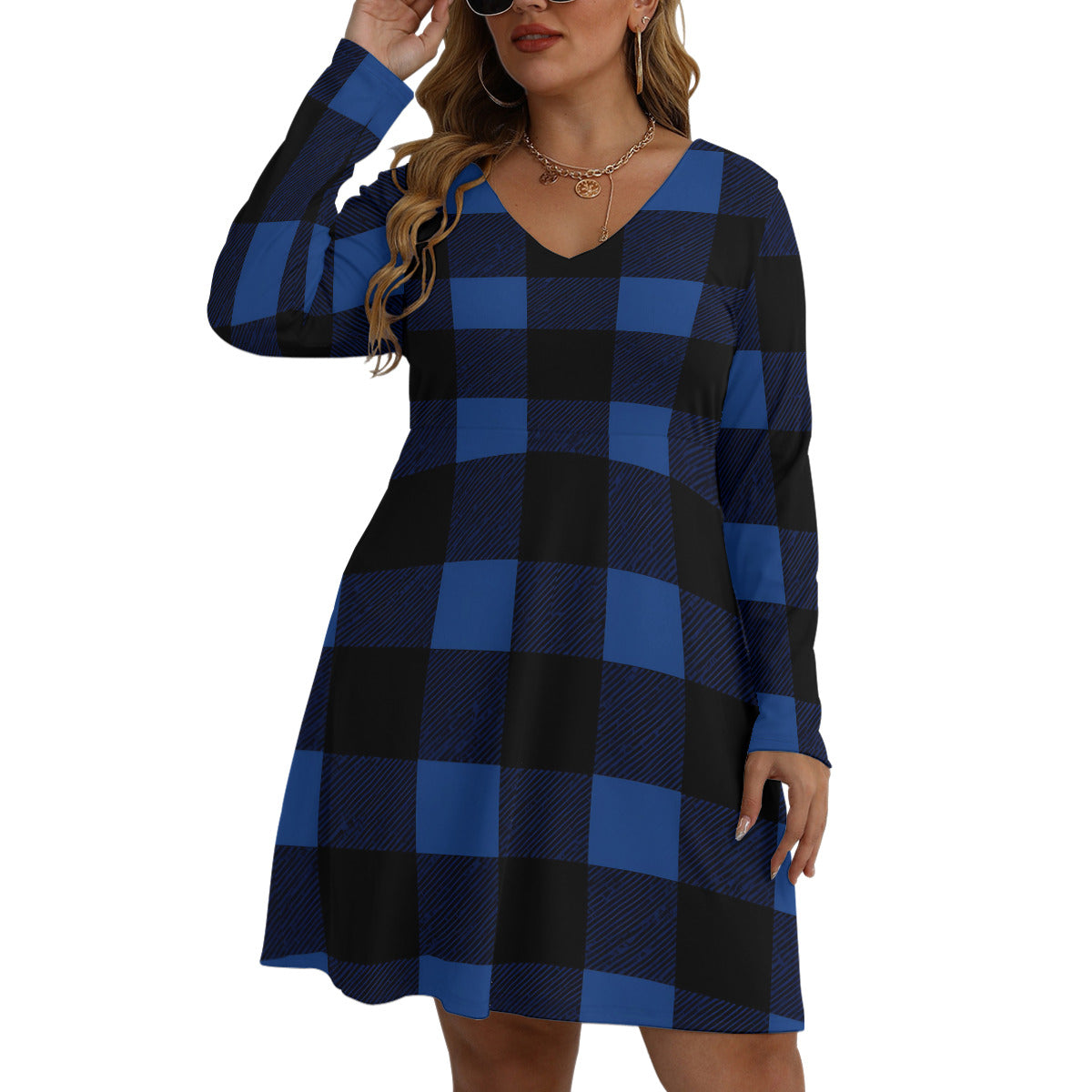 Blue Buffalo Plaid V-Neck Long Sleeve Dress | Buffalo Check Tunic Dress