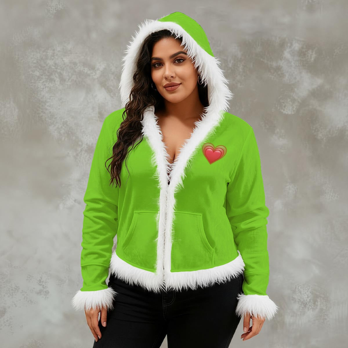 Grinch-Inspired Faux Fur Hooded Heart Jacket
