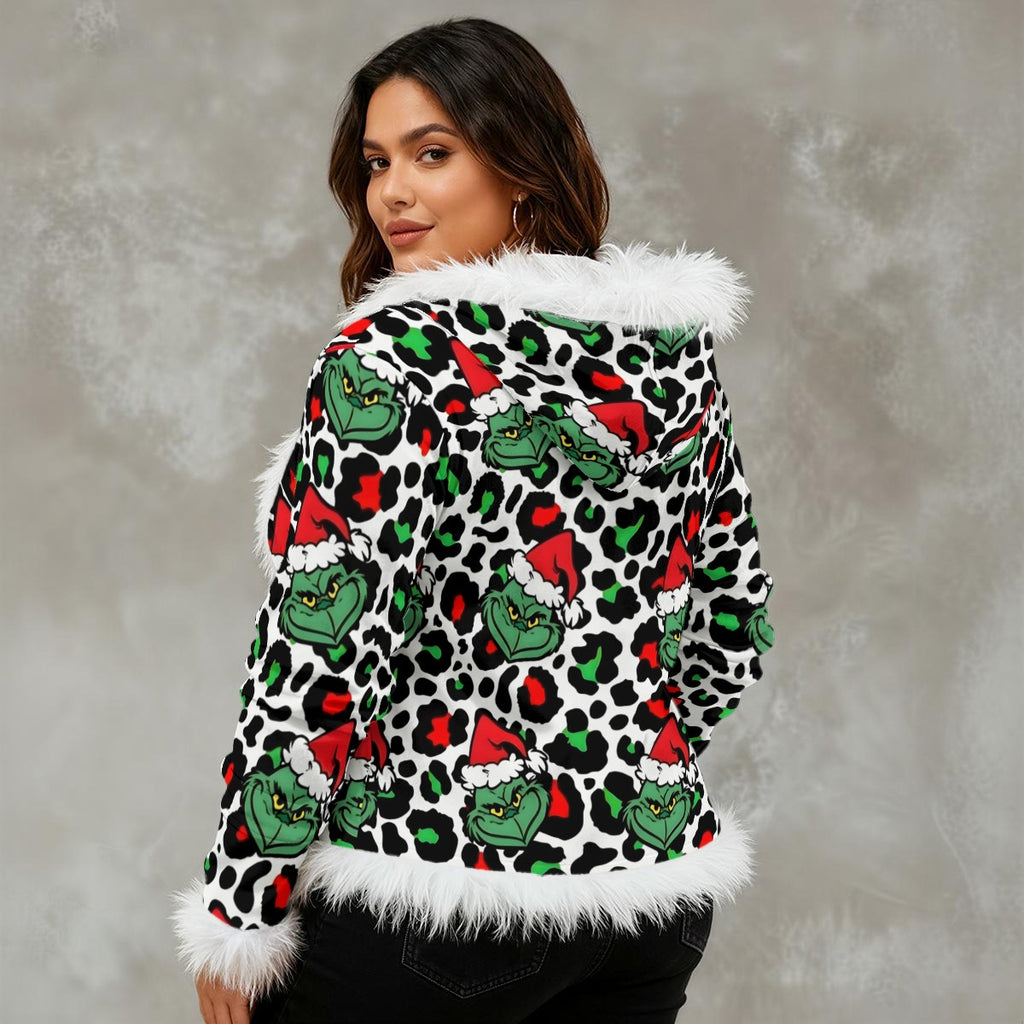 Women's Grinch Faux Fur Trim Hooded Jacket