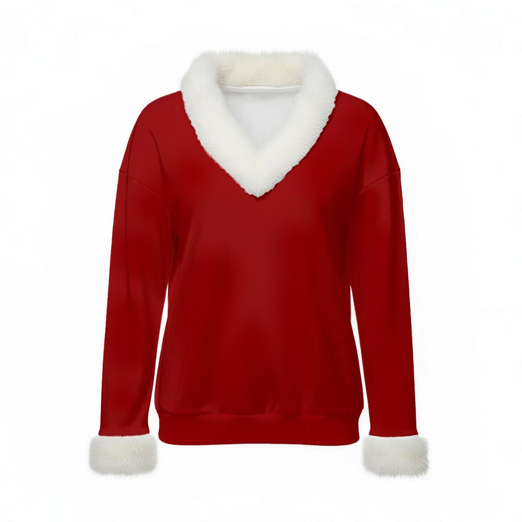Faux Fur Trim V-Neck Sweater