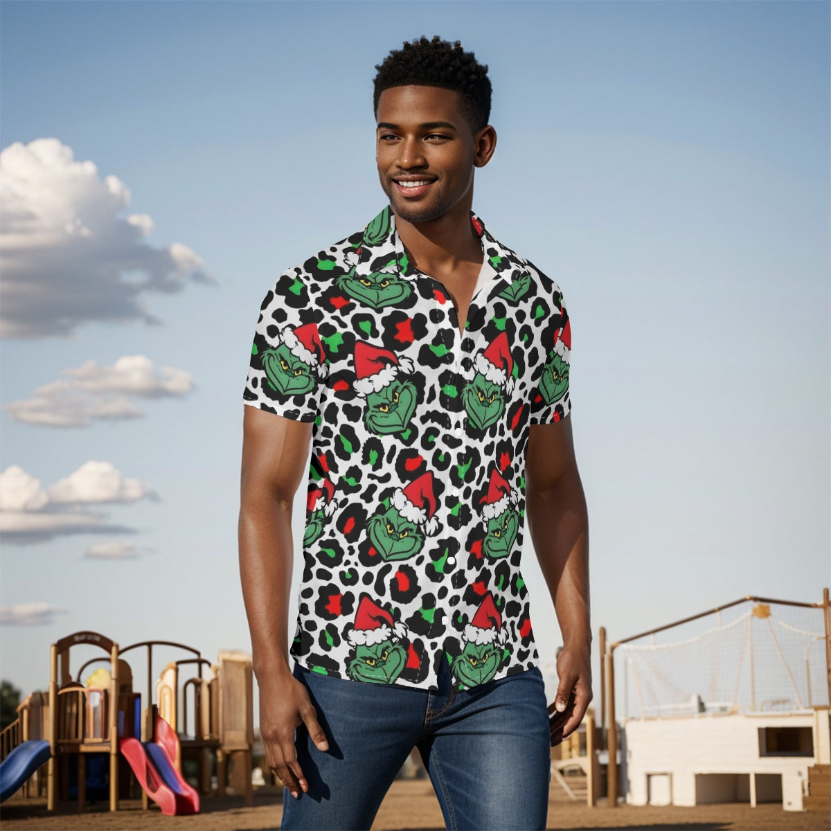 Grinch Leopard Print Short Sleeved Button Up Shirt