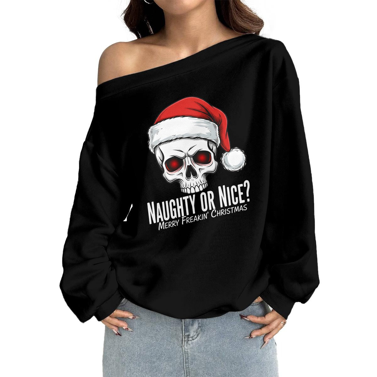 Naughty or Nice Skull Santa Off-Shoulder Christmas Sweatshirt