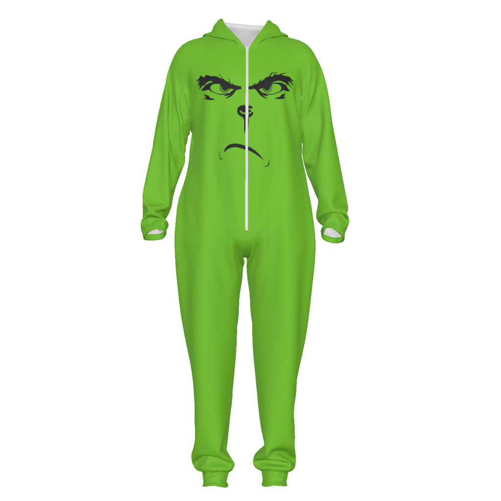Grinch Face Hooded Jumpsuit | Warm Plush Winter Onesie