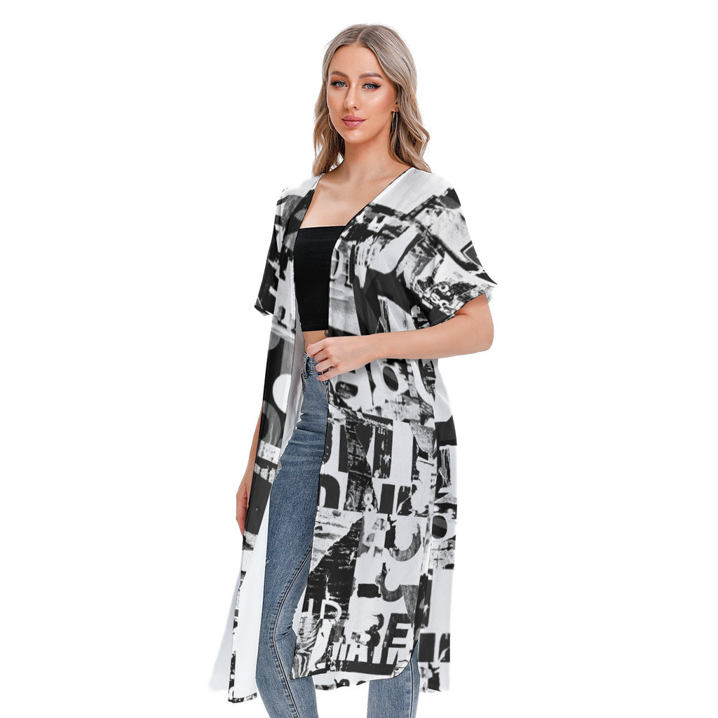Long Newpaper Print Cardigan