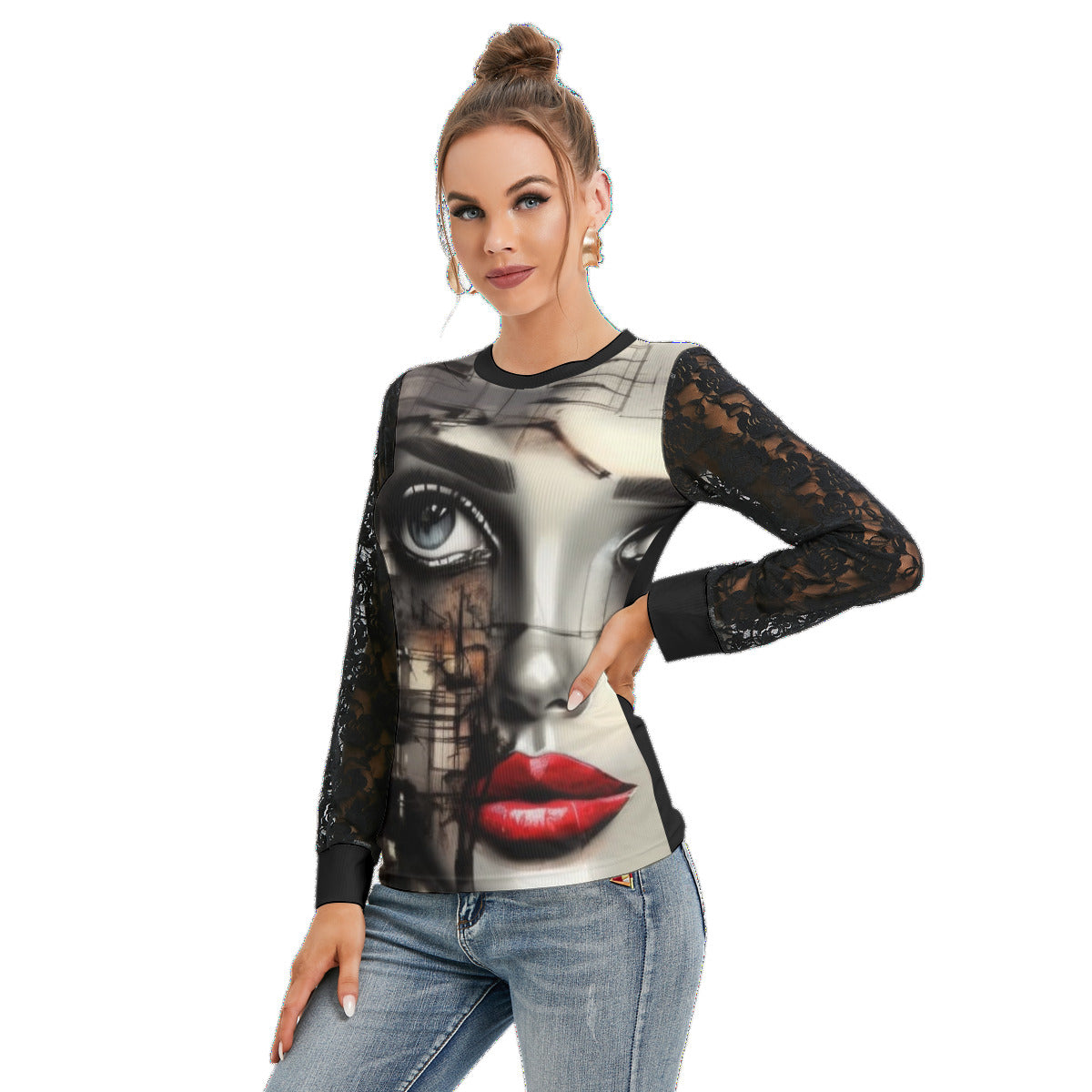 Graphic Print Long Lace Lantern Sleeves