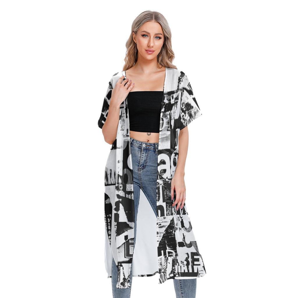 Long Newpaper Print Cardigan
