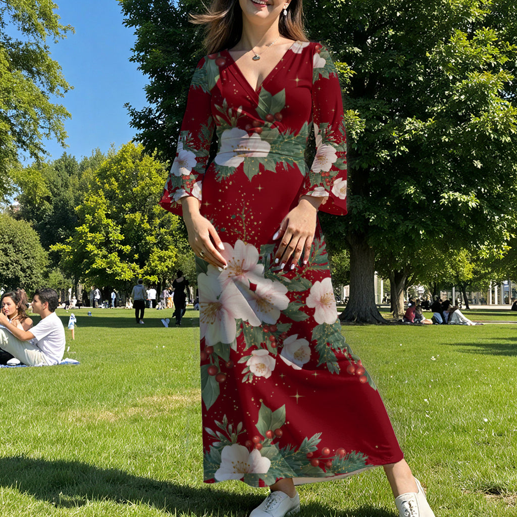 Festive Floral Christmas Maxi Dress for Women