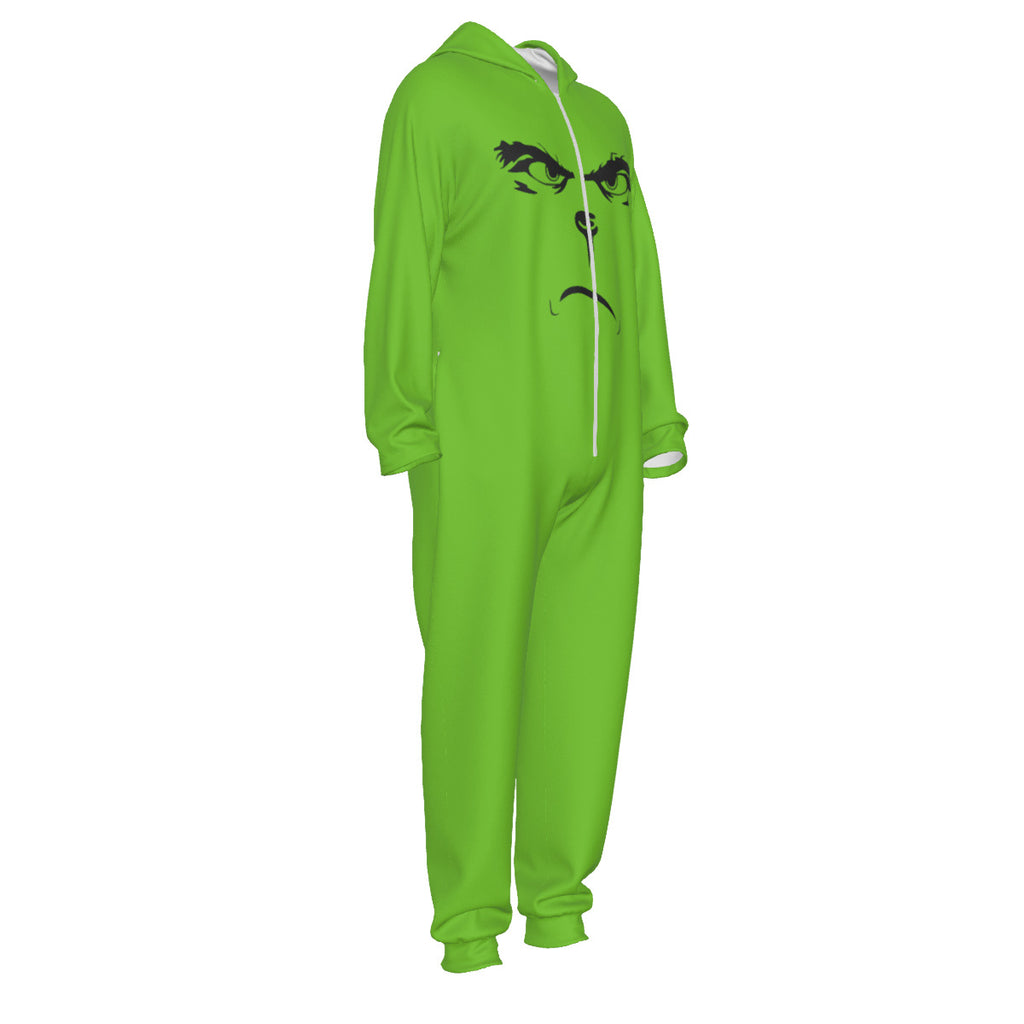 Grinch Face Hooded Jumpsuit | Warm Plush Winter Onesie