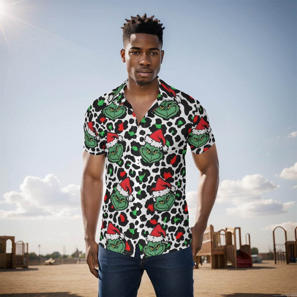 Grinch Leopard Print Short Sleeved Button Up Shirt