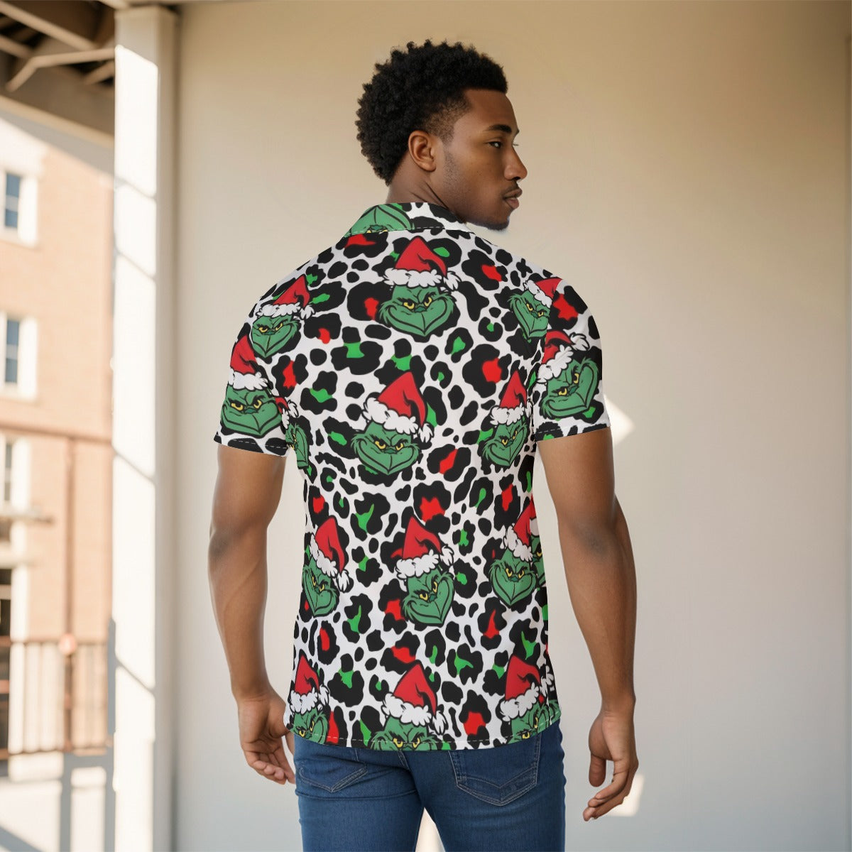 Grinch Leopard Print Short Sleeved Button Up Shirt