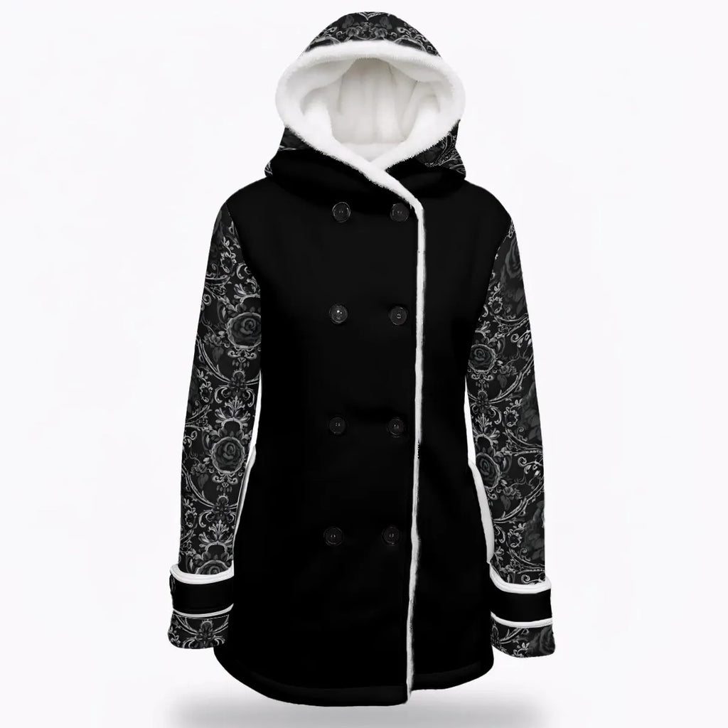 Women's Black Double-Breasted Winter Coat | Fleece Lined & Hooded