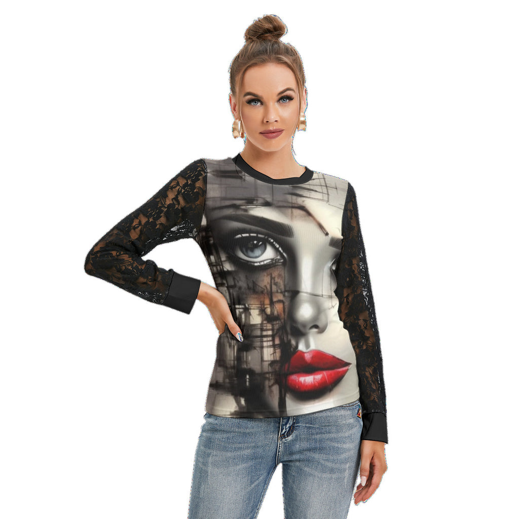 Graphic Print Long Lace Lantern Sleeves
