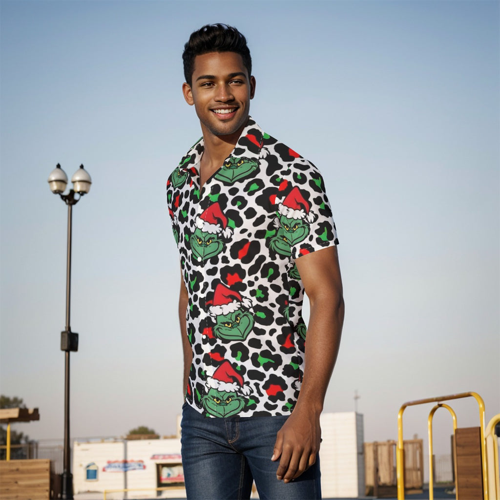 Grinch Leopard Print Short Sleeved Button Up Shirt