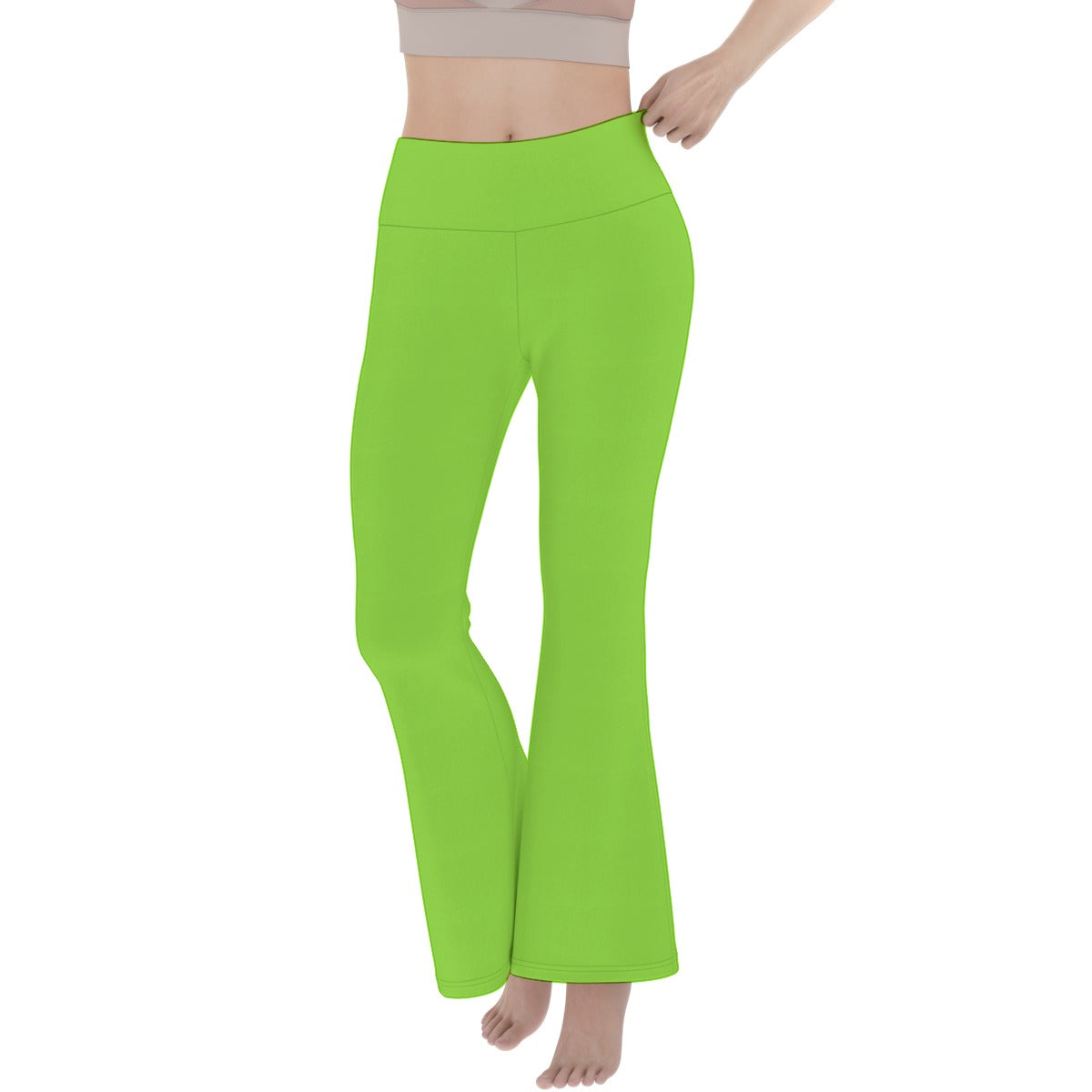 Bright green pants worn by a person on a white background