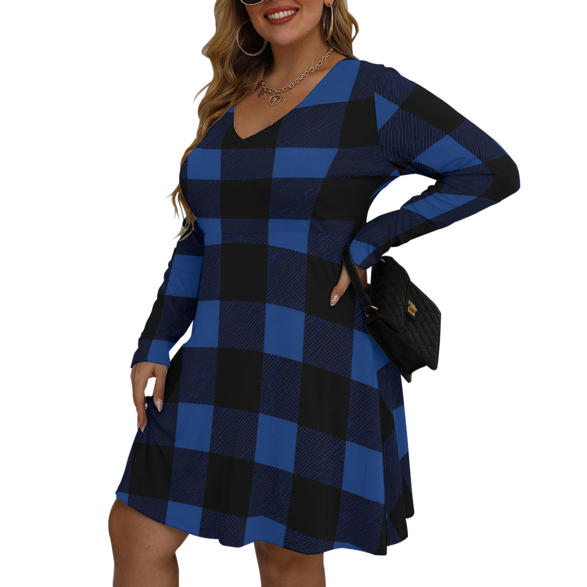 Blue Buffalo Plaid V-Neck Long Sleeve Dress | Buffalo Check Tunic Dress