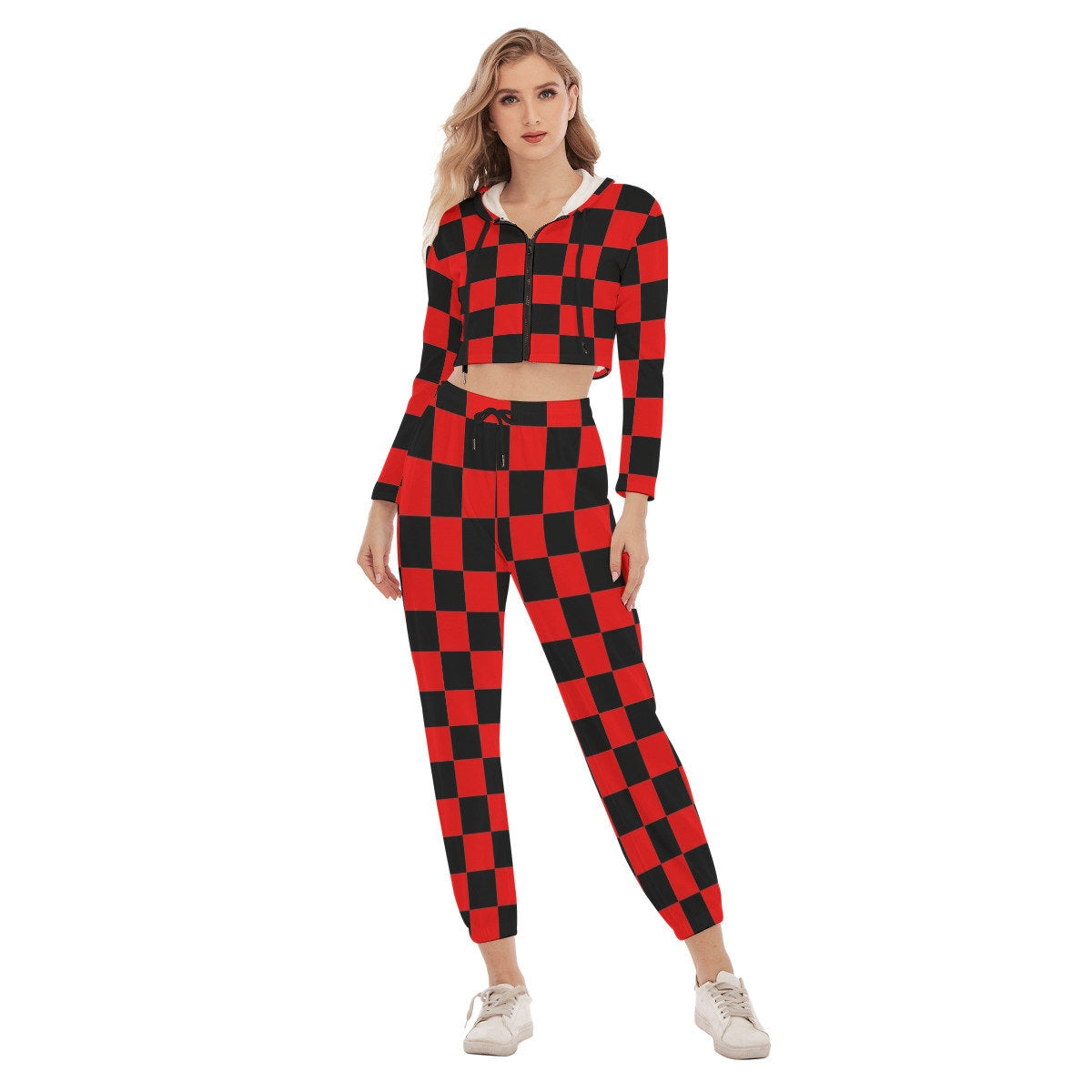 Checkered Crop Hoodie & Sweatpants Set