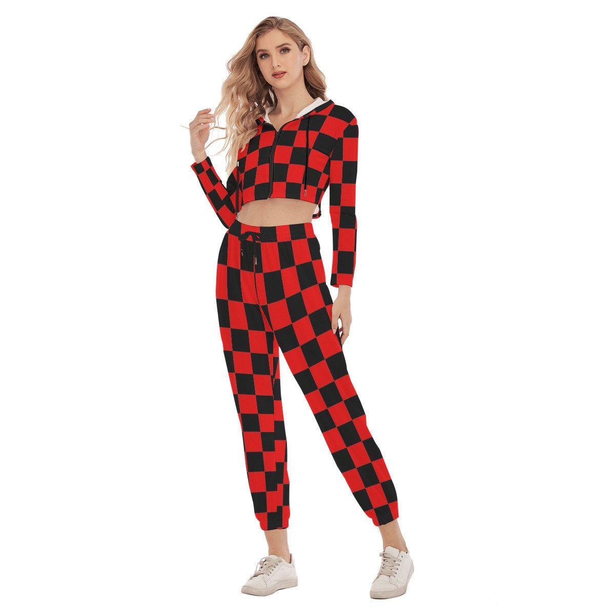 Checkered Crop Hoodie & Sweatpants Set