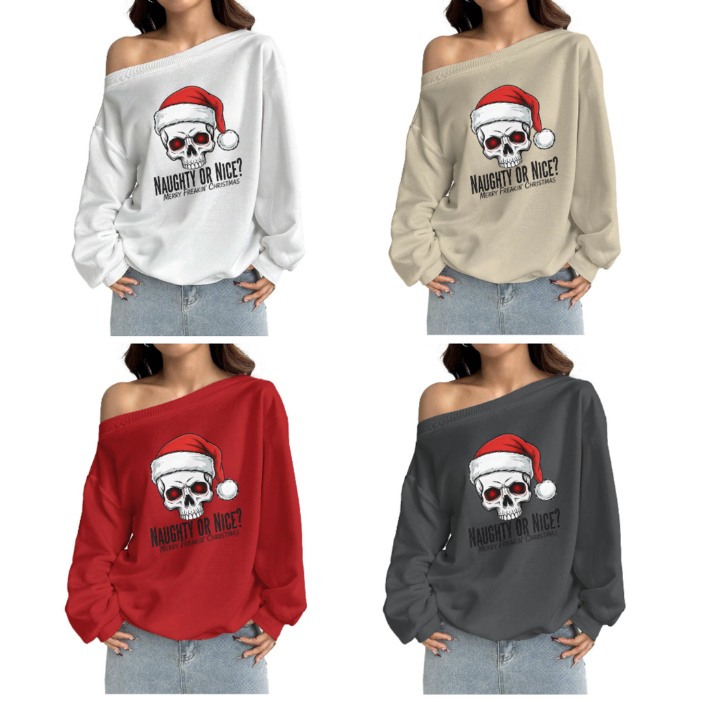 Naughty or Nice Skull Santa Off-Shoulder Christmas Sweatshirt