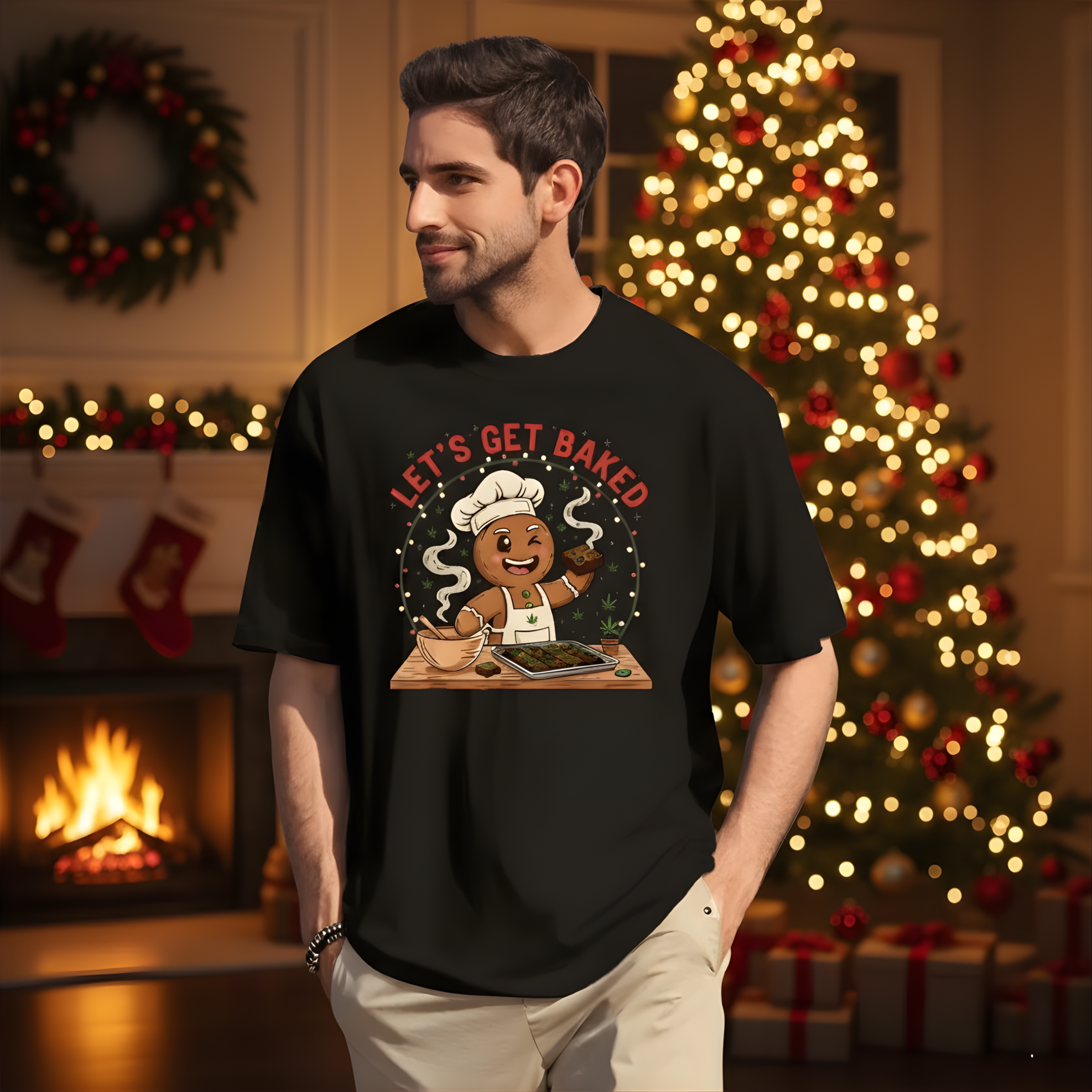 Man wearing a black t-shirt with a graphic design in a festive room with a Christmas tree and fireplace.