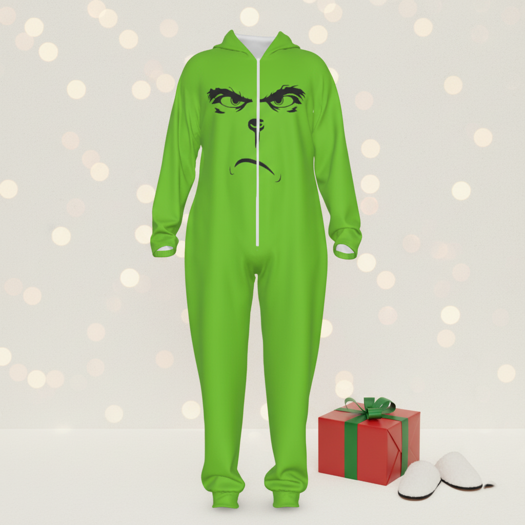 Grinch Face Hooded Jumpsuit | Warm Plush Winter Onesie