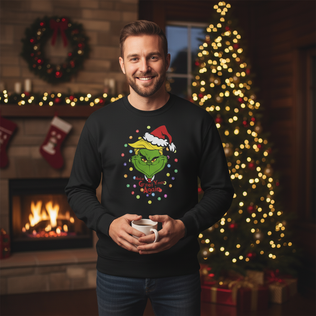 Man wearing a black sweater with a festive design, holding a mug in a cozy room with a Christmas tree and fireplace.