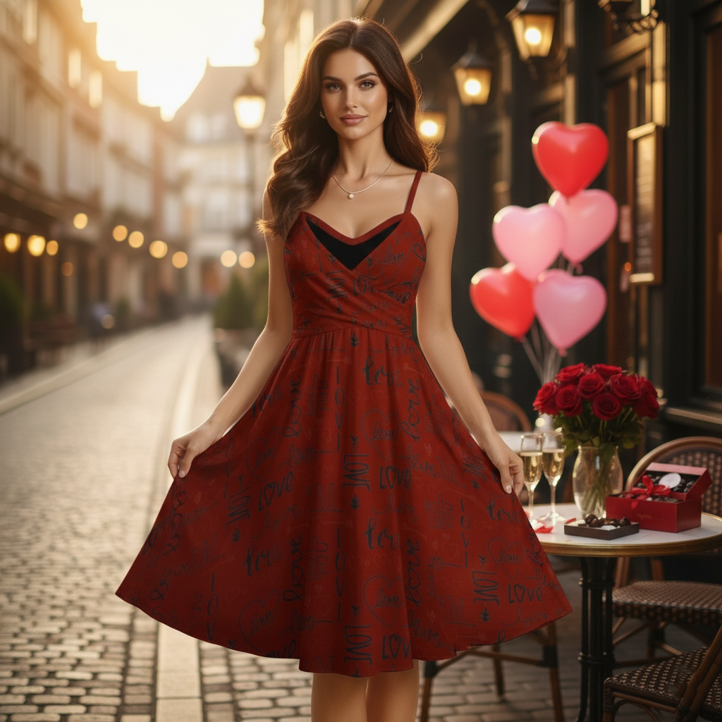 Love Valentine's Heart Print Spaghetti Strap Dress