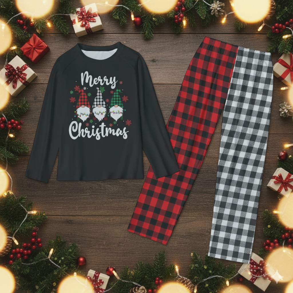 Christmas pajama set featuring a raglan top with a gnome graphic and red plaid pants, shown against a black and red background.