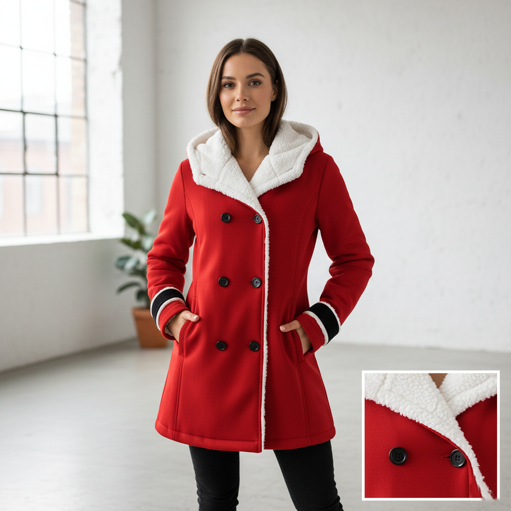Women's Black Double-Breasted Winter Coat | Fleece Lined & Hooded