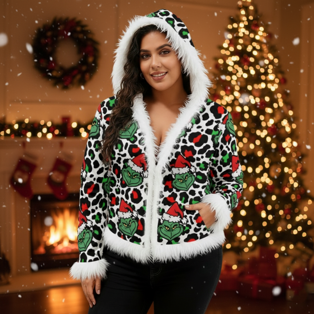 Women's Grinch Faux Fur Trim Hooded Jacket