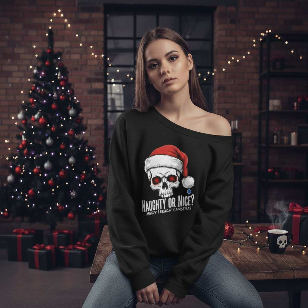 Naughty or Nice Skull Santa Off-Shoulder Christmas Sweatshirt
