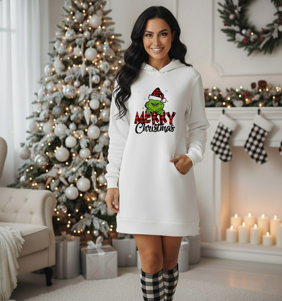 Grinch Merry Christmas Hoodie Dress | Buffalo Plaid Holiday Lounge Wear