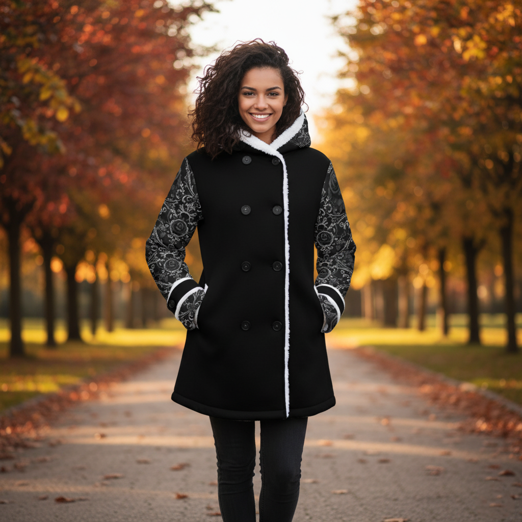 Women's Black Double-Breasted Winter Coat | Fleece Lined & Hooded