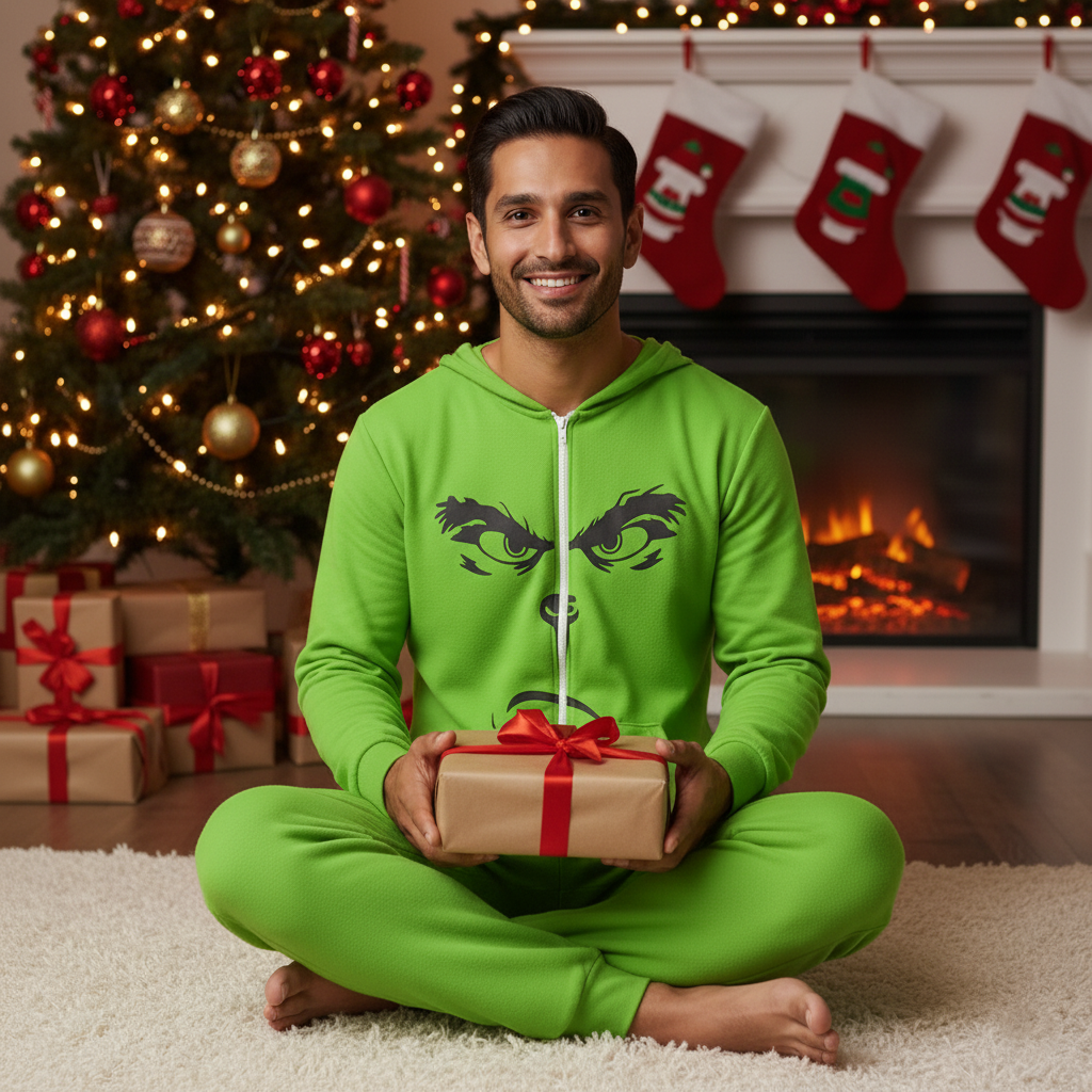 Grinch Face Hooded Jumpsuit | Warm Plush Winter Onesie