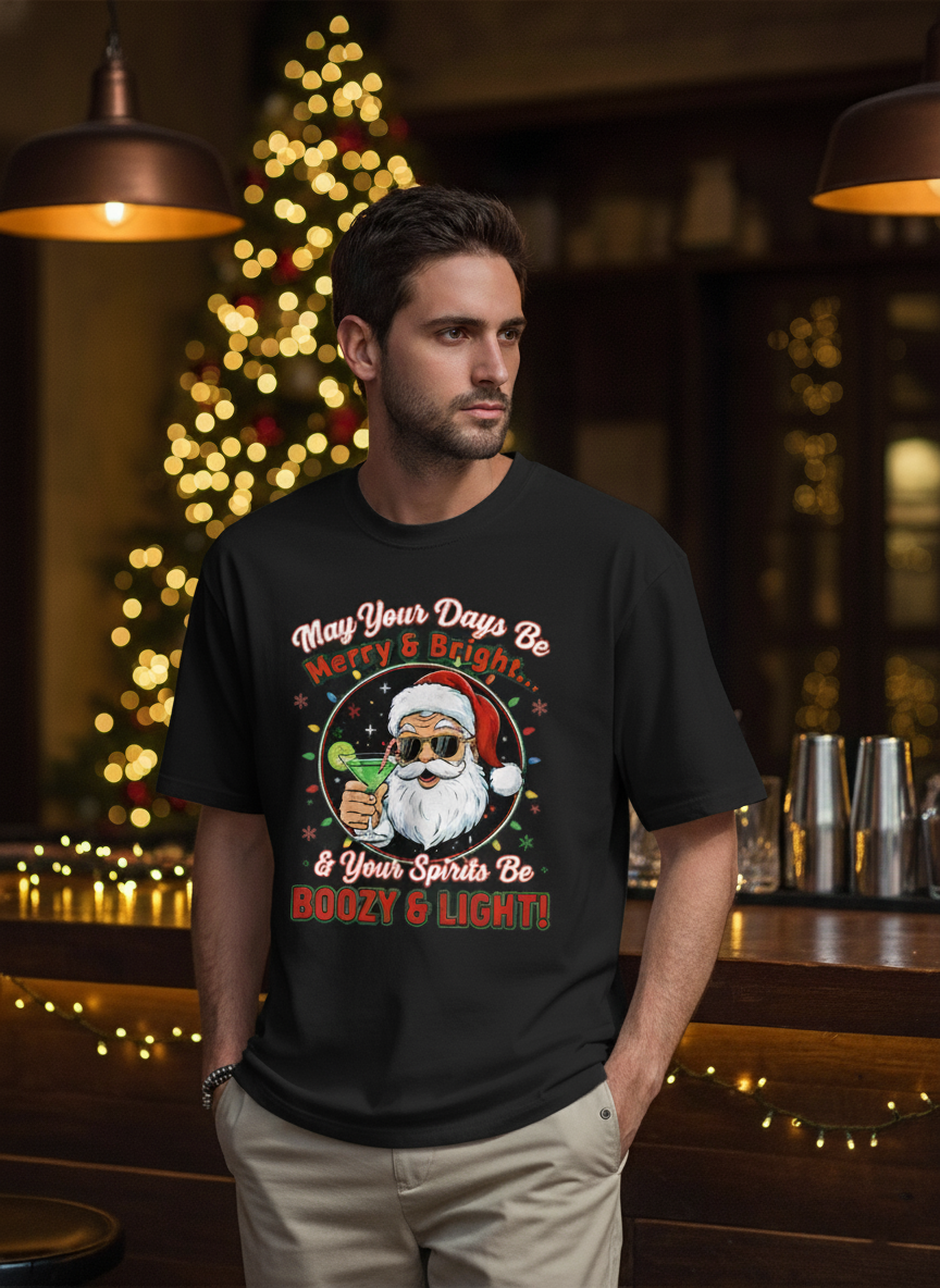 Man wearing a black "May Your Spirits Be Boozy & Light" Christmas T-Shirt with a Santa holding a martini.