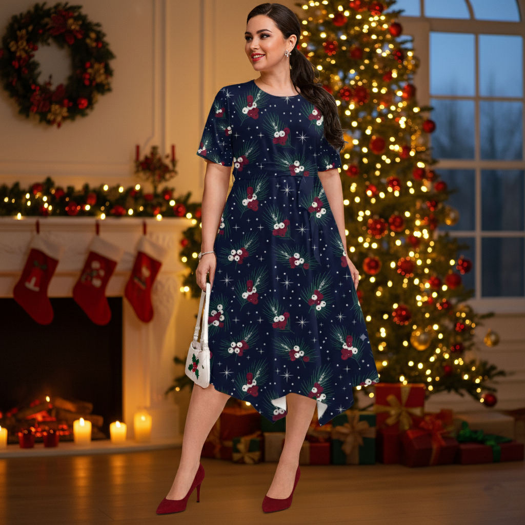 Elegant woman wearing a navy blue Christmas swing dress with white and red holly print, standing in a cozy living room with a lit Christmas tree and fireplace in the background.
