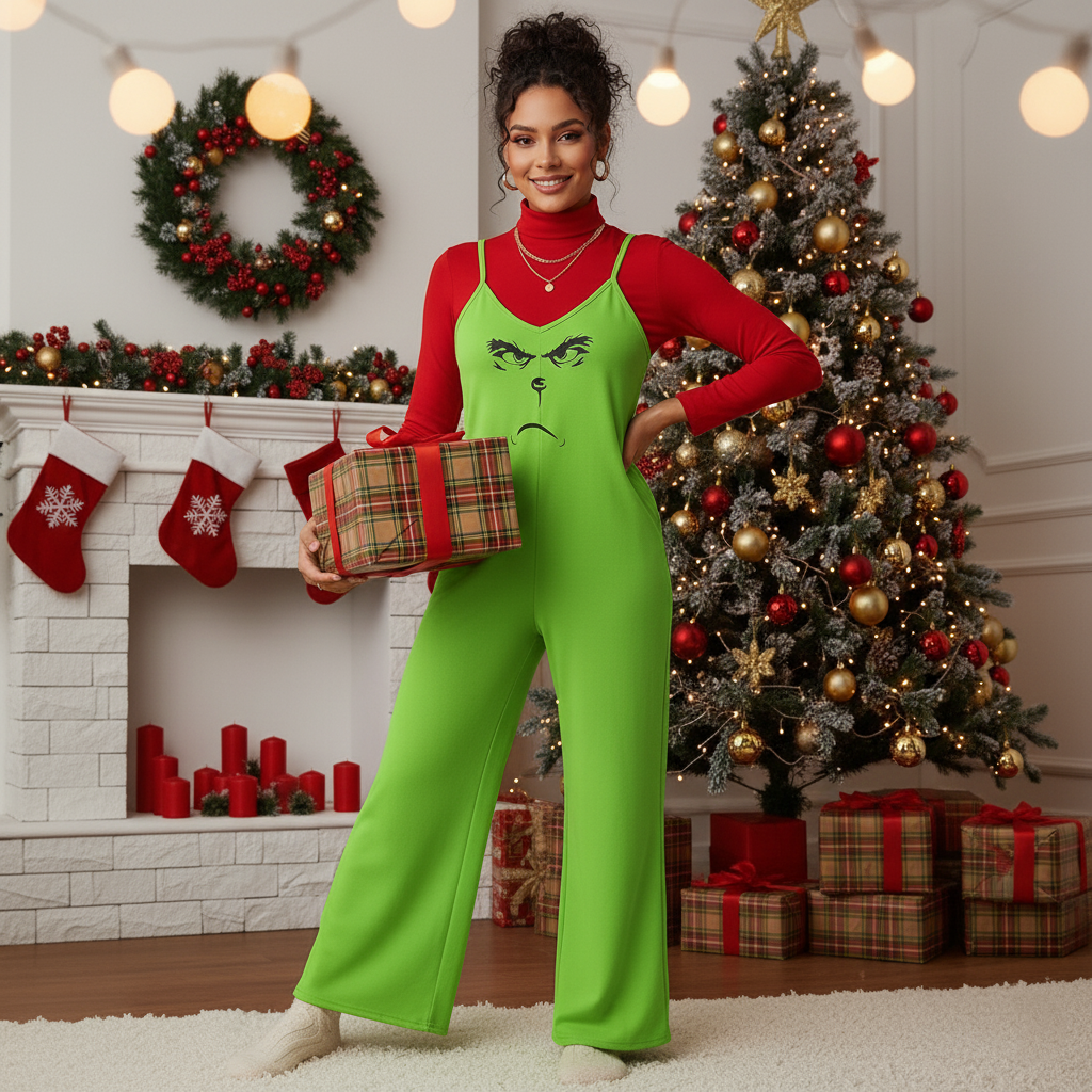 Grinch Face Wide-Leg Jumpsuit | Holiday Romper