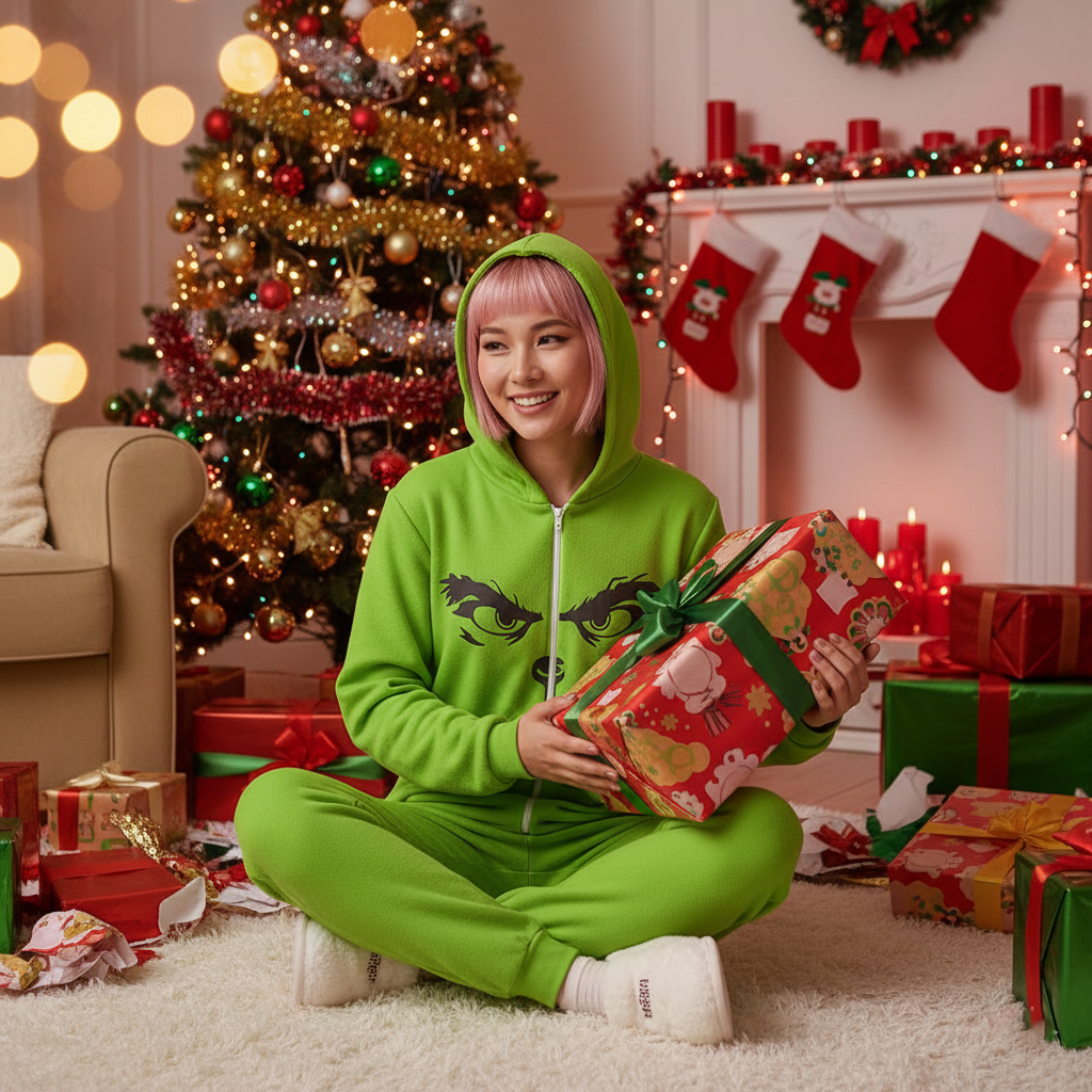 Grinch Face Hooded Jumpsuit | Warm Plush Winter Onesie