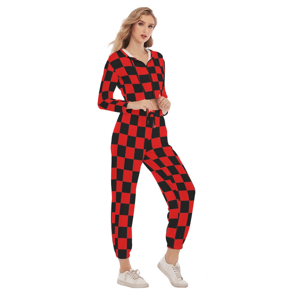 Checkered Crop Hoodie & Sweatpants Set
