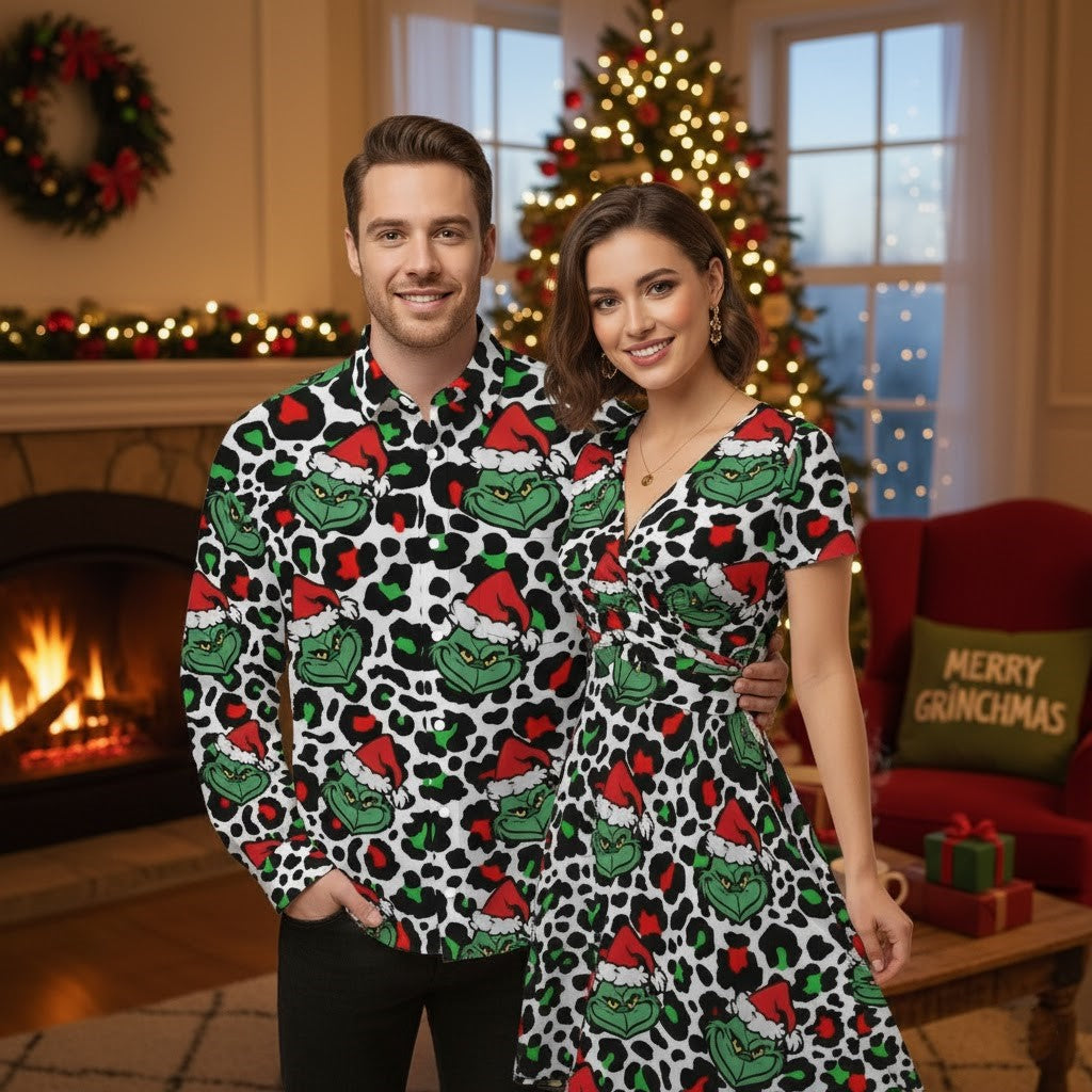 Men's Leopard Print Grinch Long-Sleeved Button-Down | Matching Couple Holiday Outfit