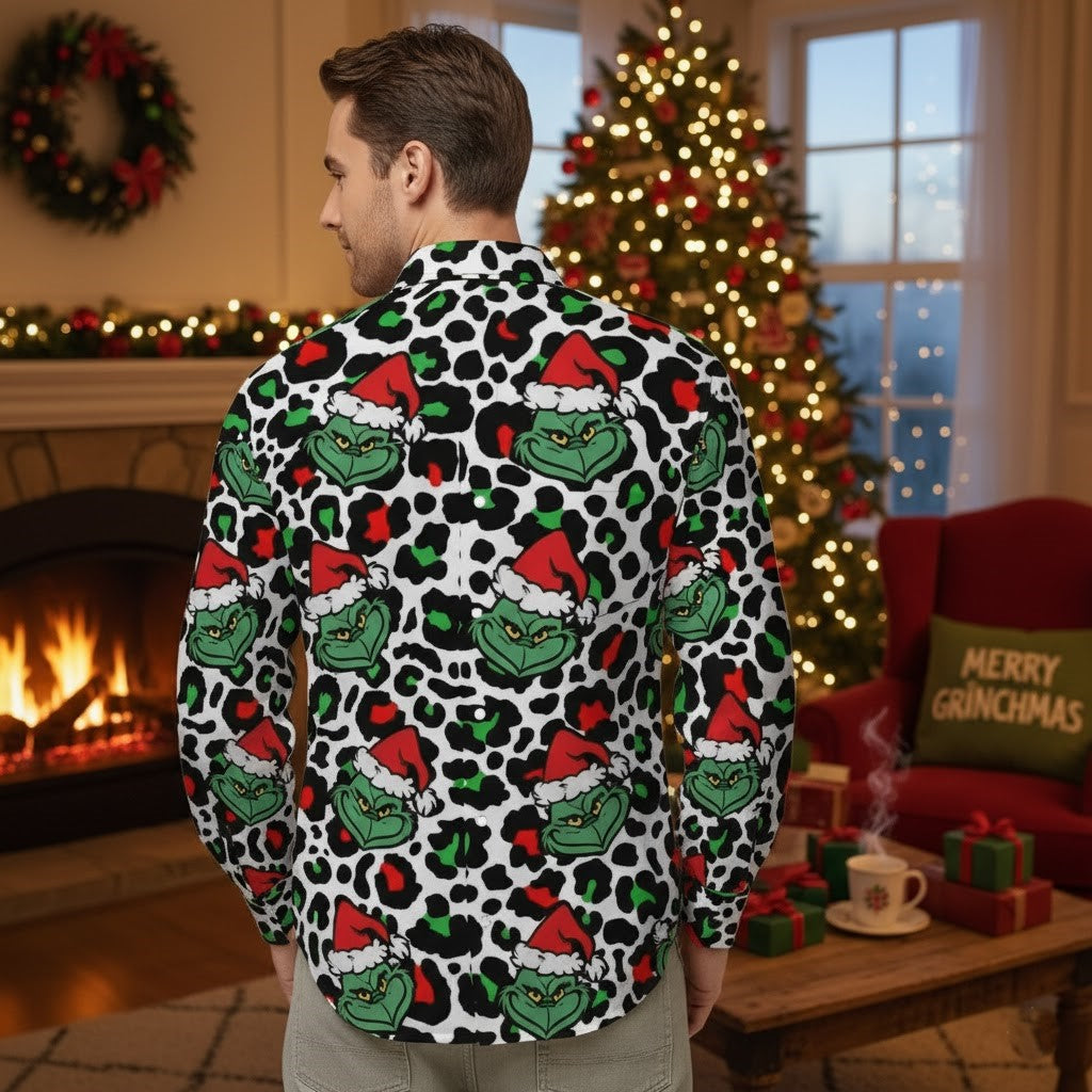 Men's Leopard Print Grinch Long-Sleeved Button-Down | Matching Couple Holiday Outfit