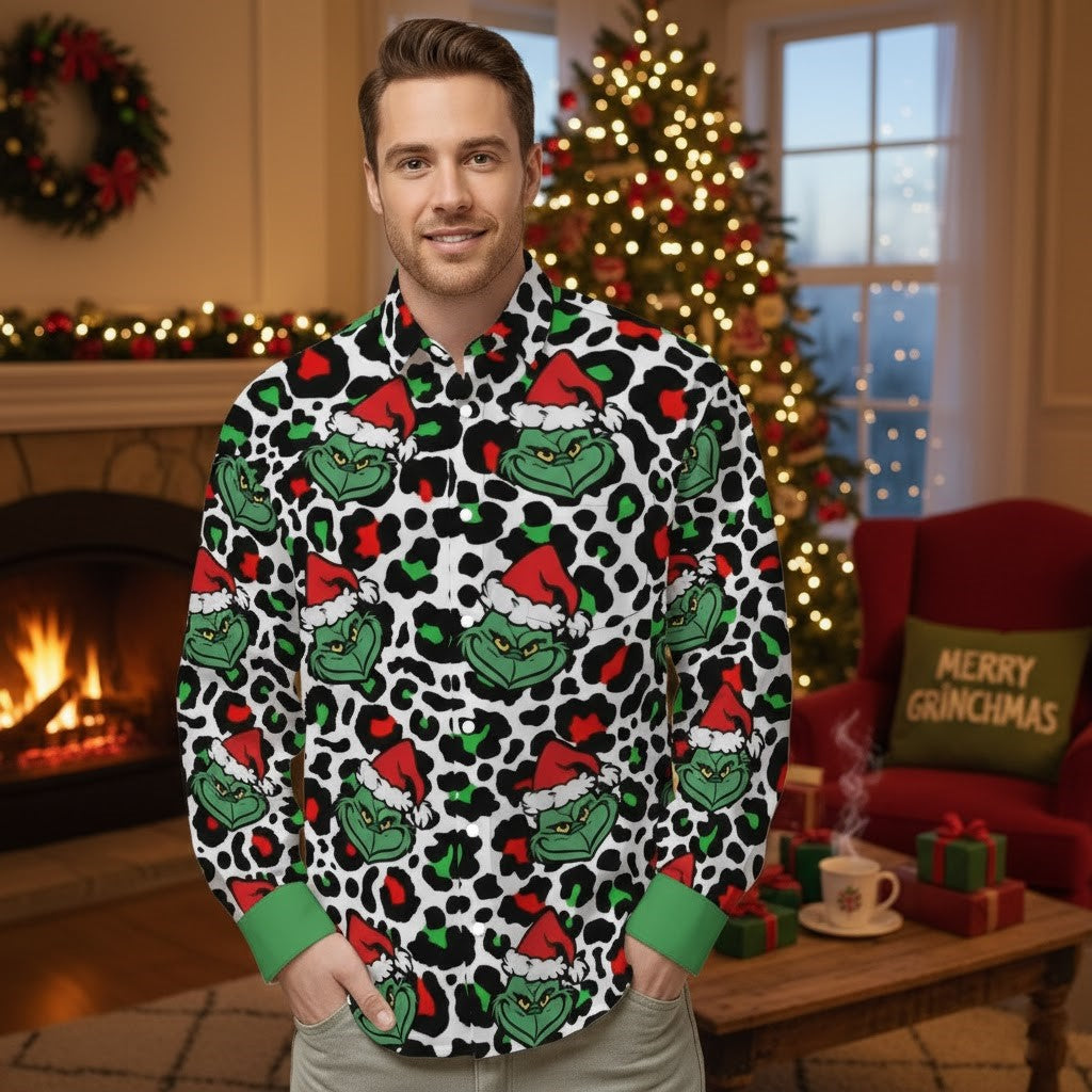 Men's Leopard Print Grinch Long-Sleeved Button-Down | Matching Couple Holiday Outfit