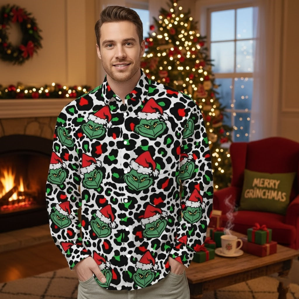 Men's Leopard Print Grinch Long-Sleeved Button-Down | Matching Couple Holiday Outfit