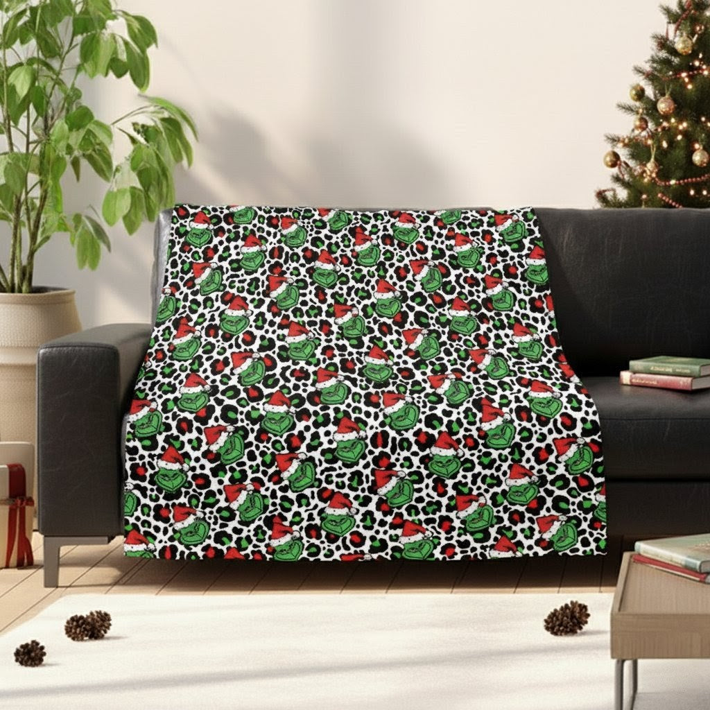 Grinch Leopard Print Flannel Blanket