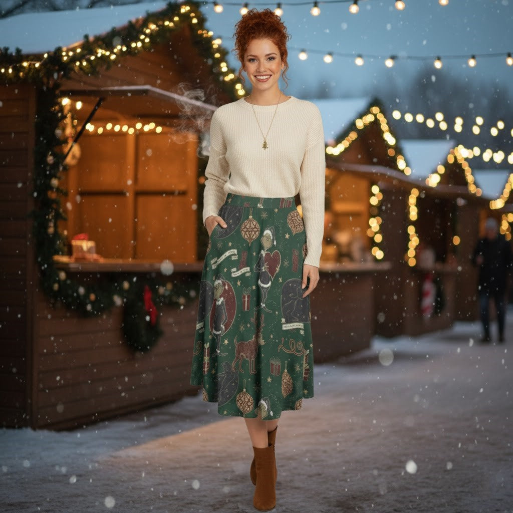 Vintage Grinch Christmas Midi Skirt with Pockets