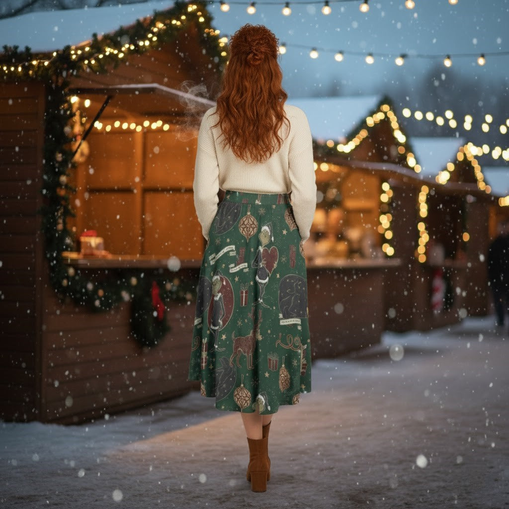 Vintage Grinch Christmas Midi Skirt with Pockets