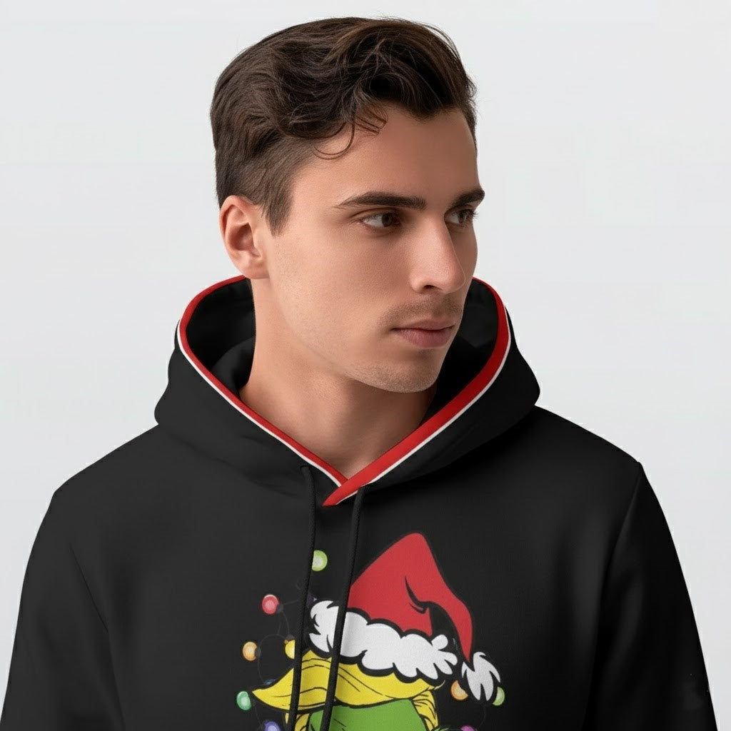 Person wearing a black hoodie with a colorful graphic design on a light gray background